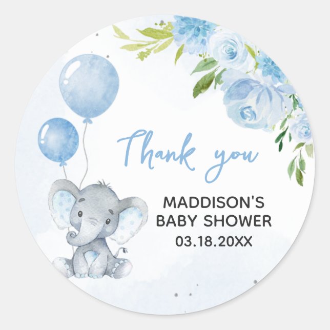 Blue Elephant Baby Shower Classic Round Sticker (Front)