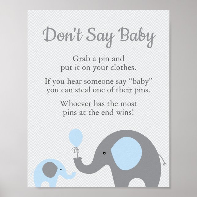 Blue Elephant Baby Shower Don't Say Baby Game Sign (Front)