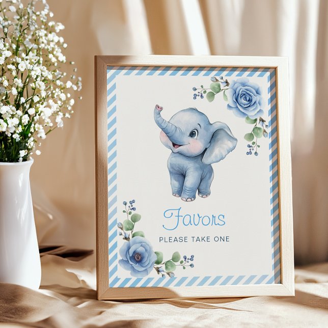 Blue Elephant Baby Shower Favour Sign – Watercolor (Favors Baby Shower Sign)