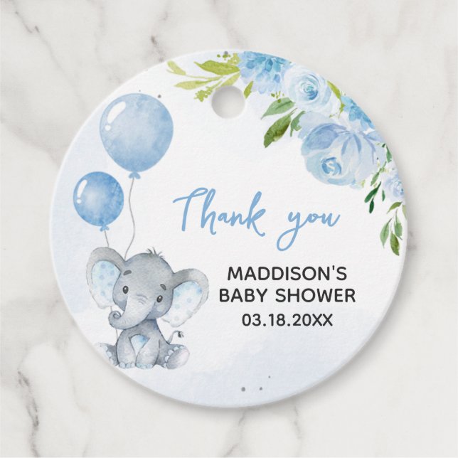 Blue Elephant Baby Shower Favour Tags (Front)