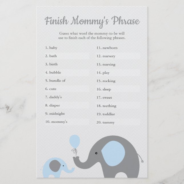 Blue Elephant Baby Shower Finish Mummy's Phrase Flyer (Front)