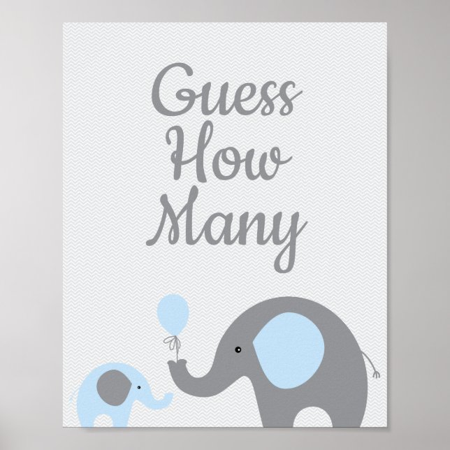 Blue Elephant Baby Shower Guess How Many Game Sign (Front)