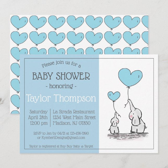 Blue Elephant Baby Shower Invitation (Front/Back)