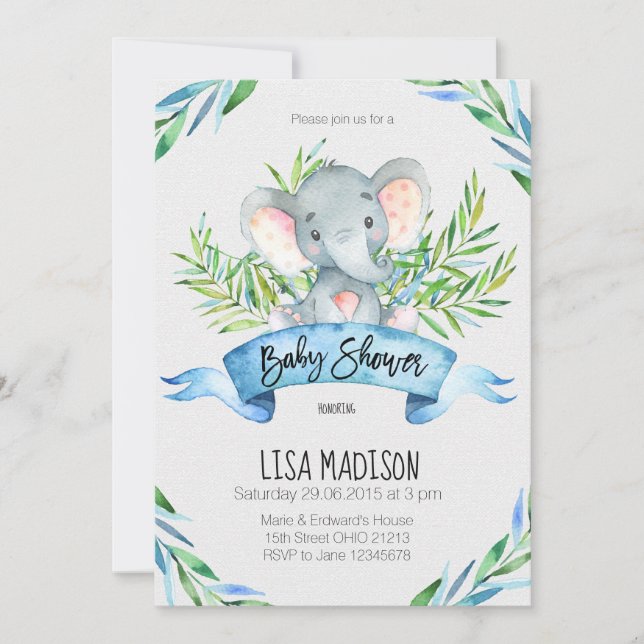 Blue elephant Baby Shower Invitation (Front)