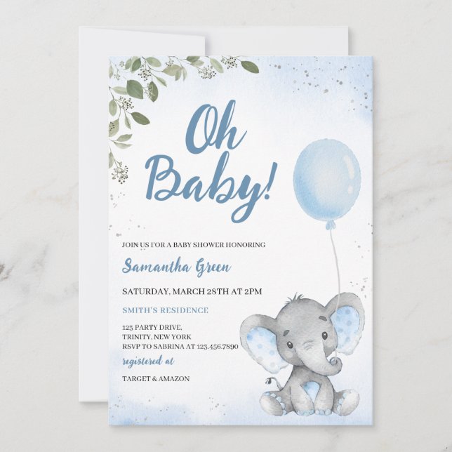 Blue Elephant Baby Shower Invitation (Front)
