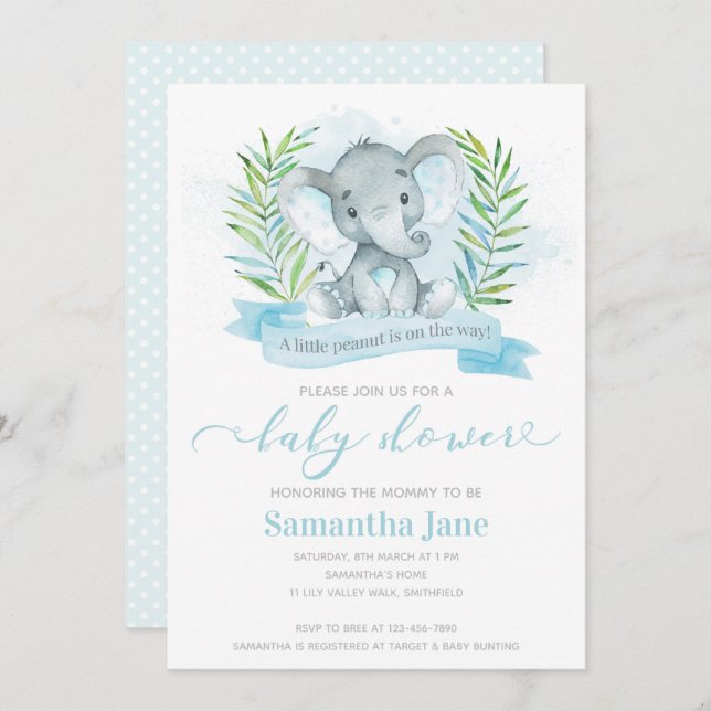 Blue Elephant Baby Shower Invitation (Front/Back)