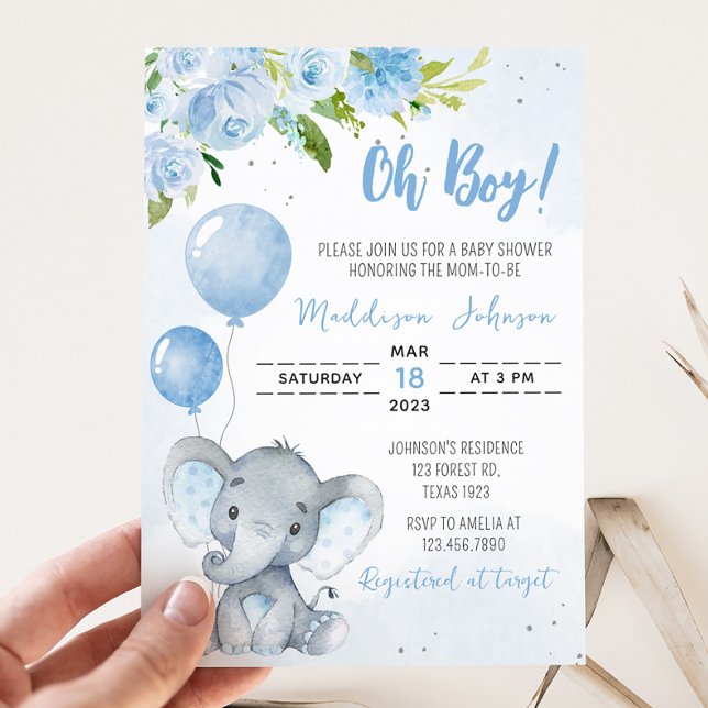 Blue Elephant Baby Shower  Invitation (Blue Floral Elephant Baby Shower Invitation)