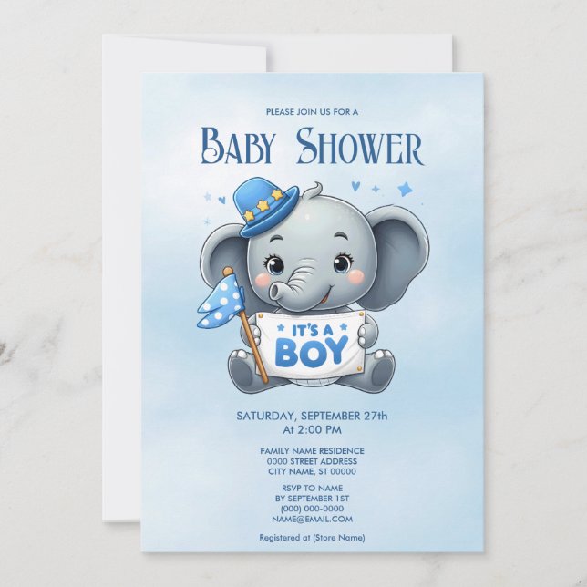 Blue Elephant Baby Shower Invitation (Front)