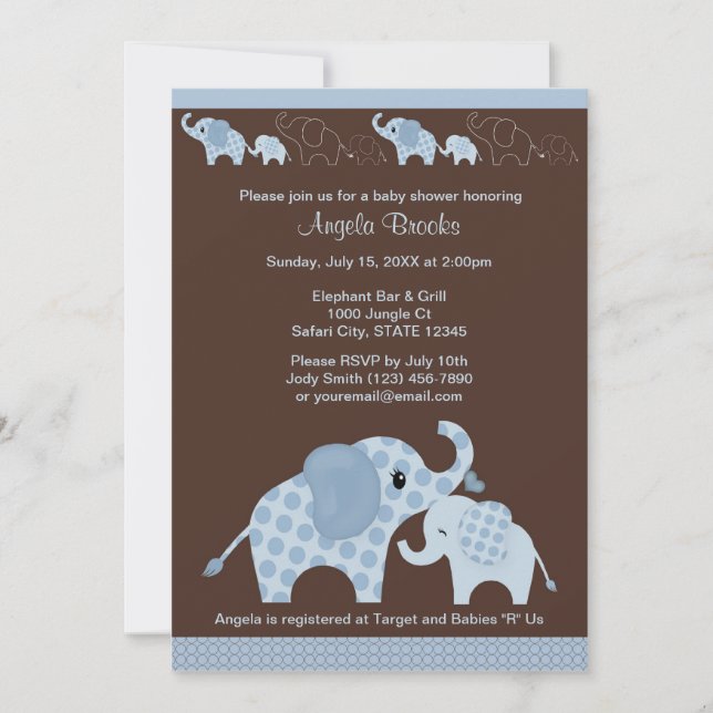 Blue ELEPHANT Baby Shower Invitation CE-B (Front)
