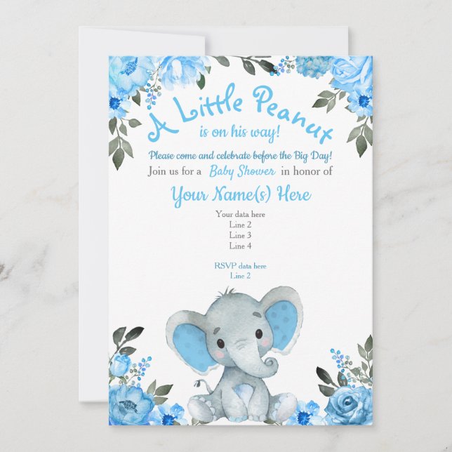 Blue Elephant Baby Shower invitation, Floral Boy Invitation (Front)