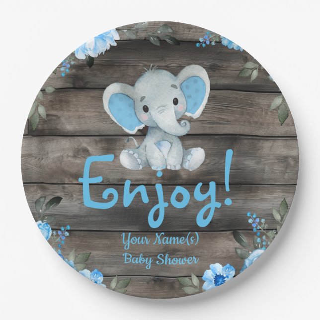 Blue Elephant Baby Shower invitation, rustic boy Paper Plate (Front)