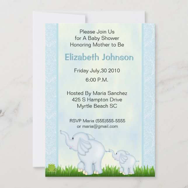 Blue Elephant Baby Shower Invitations (Front)