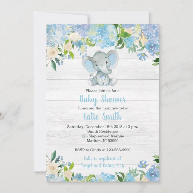 Blue Elephant Baby Shower Invitations for a Boy (Front)