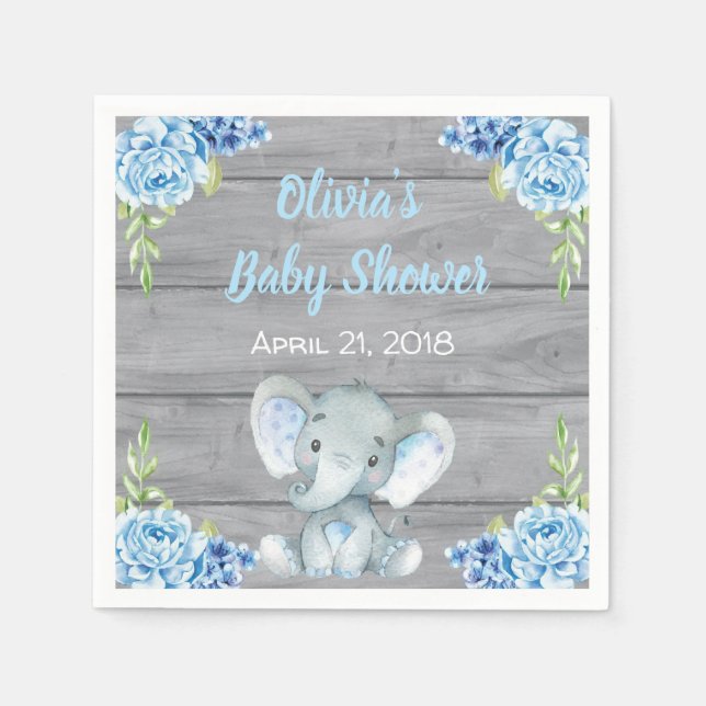 Blue Elephant Baby Shower Napkins (Front)