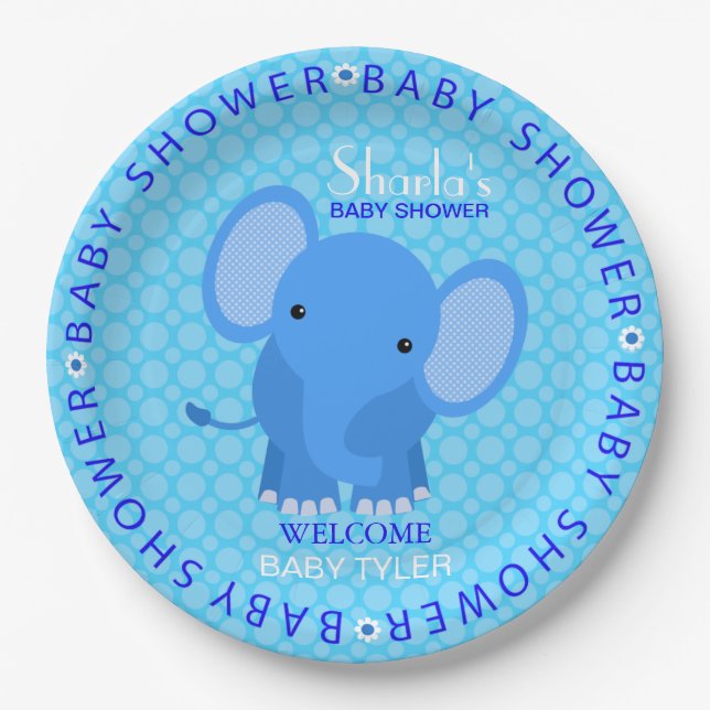 Blue Elephant Baby Shower Paper Plate (Front)