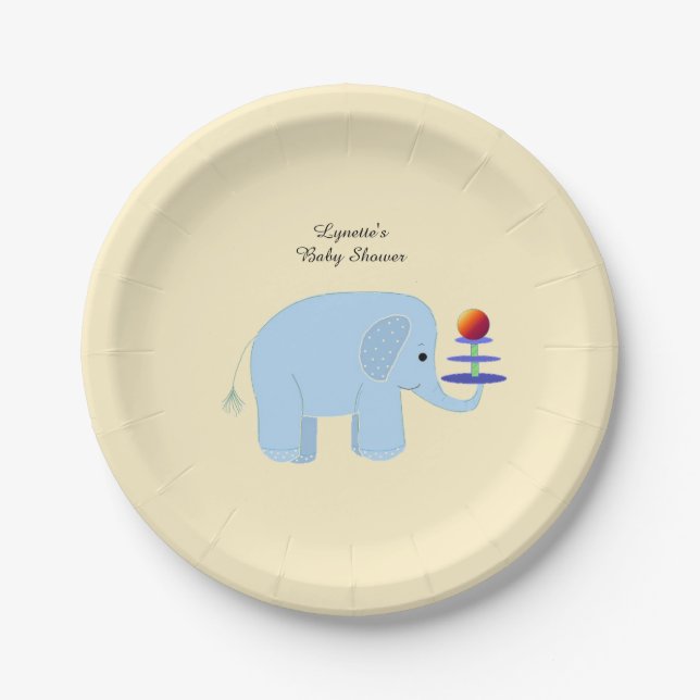 Blue Elephant Baby Shower Paper Plate (Front)
