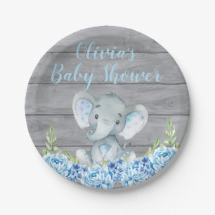 Blue Elephant Baby Shower Paper Plate