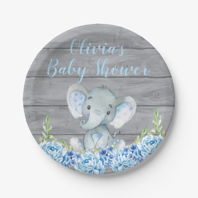 Blue Elephant Baby Shower Paper Plate (Front)