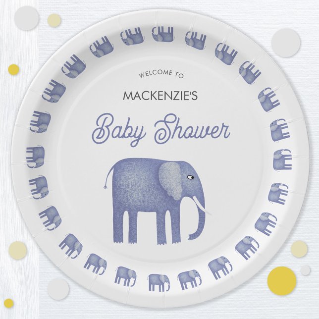 Blue Elephant Baby Shower Paper Plate (Blue elephant baby shower party paper plate)