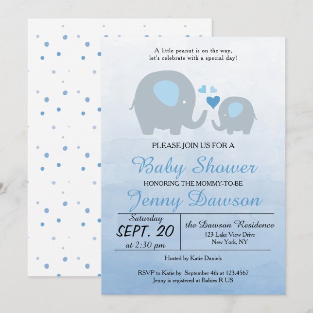 Blue Elephant Baby Shower Party Invitation (Front/Back)