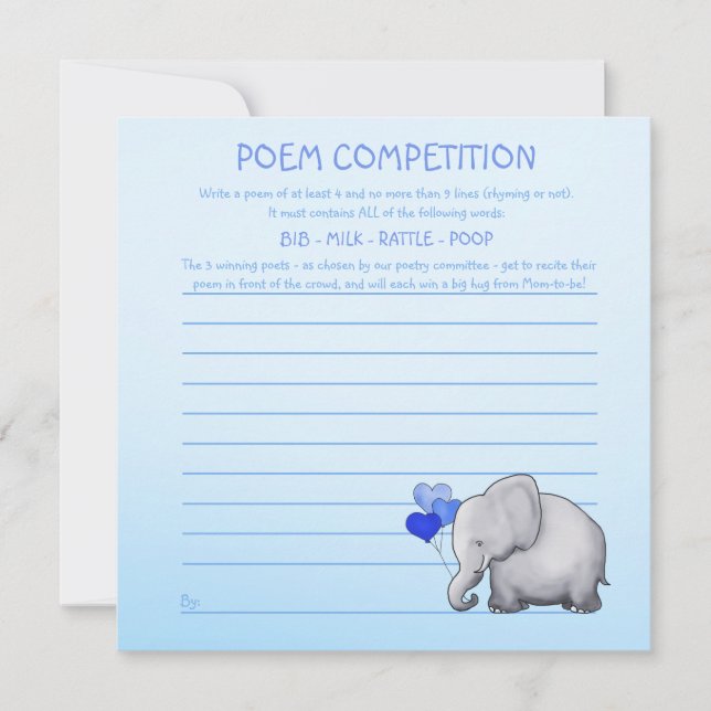 Blue Elephant Baby Shower Poem Competition Game Invitation (Front)
