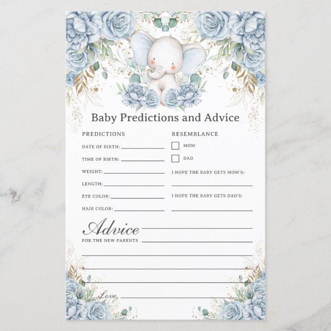 Blue Elephant Baby Shower Predictions & Advice (Front)