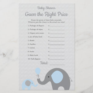 Blue Elephant Baby Shower Price is Right Game Flyer