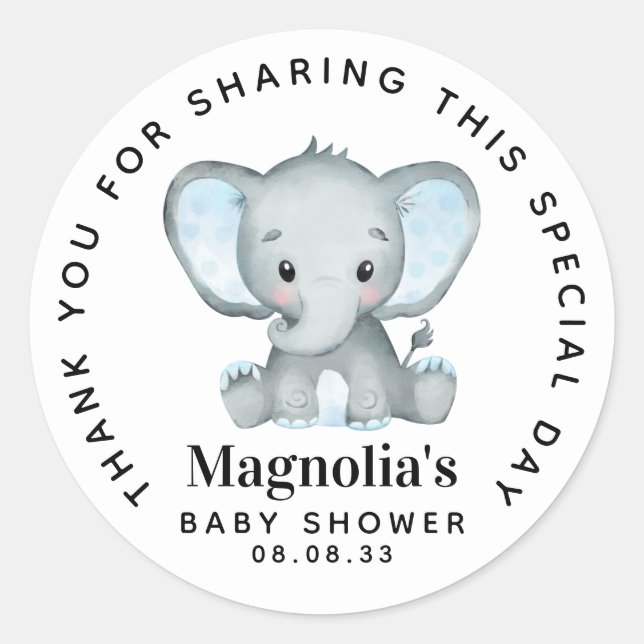 Blue Elephant Baby Shower Thank You Classic Round Sticker (Front)