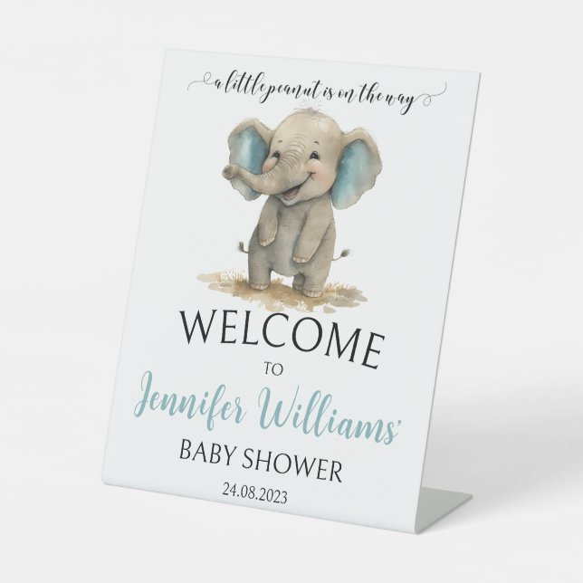 Blue elephant baby shower Welcome Pedestal Sign (Front)
