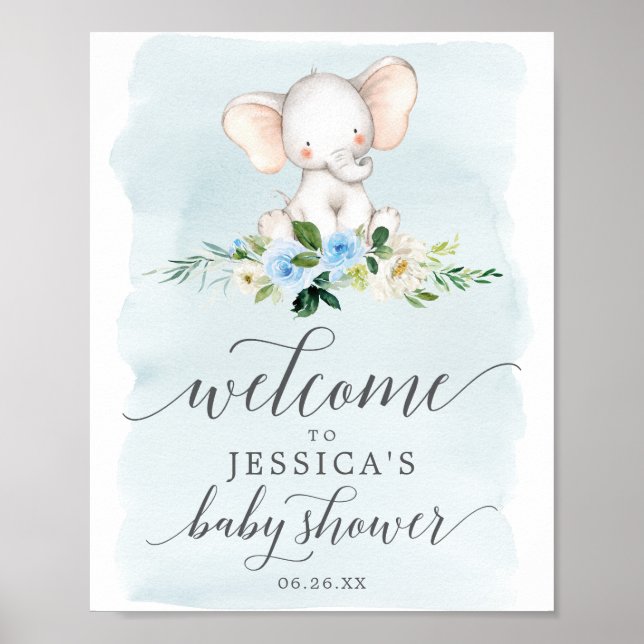 Blue Elephant Baby Shower Welcome Sign (Front)