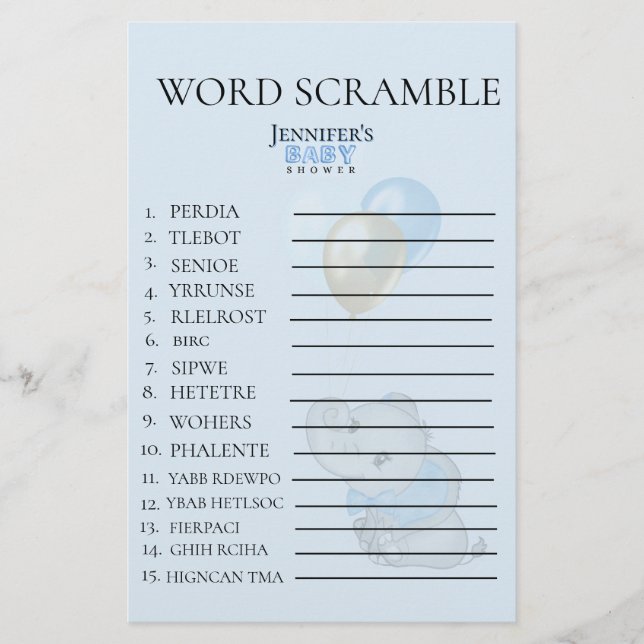 Blue Elephant Baby Shower Word Scramble (Front)