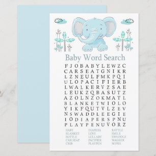 Blue elephant Baby Shower Word Search Game