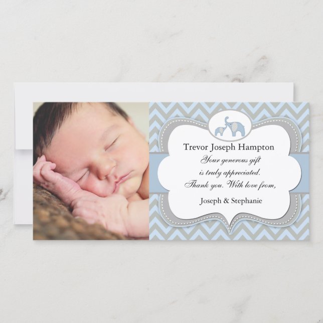 Blue Elephant Baby Thank You Photo Card (Front)