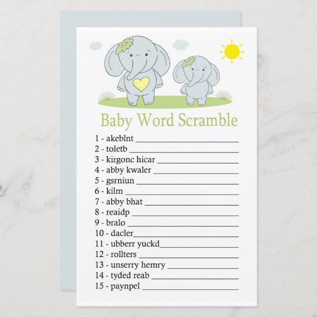 Blue elephant Baby word scramble game (Front/Back)