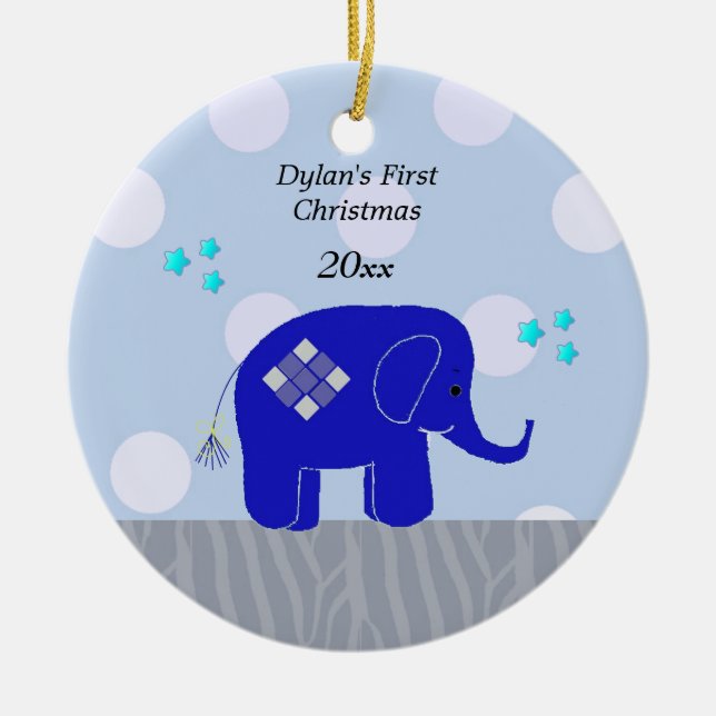 Blue Elephant Baby's First Christmas Ceramic Tree Decoration (Front)