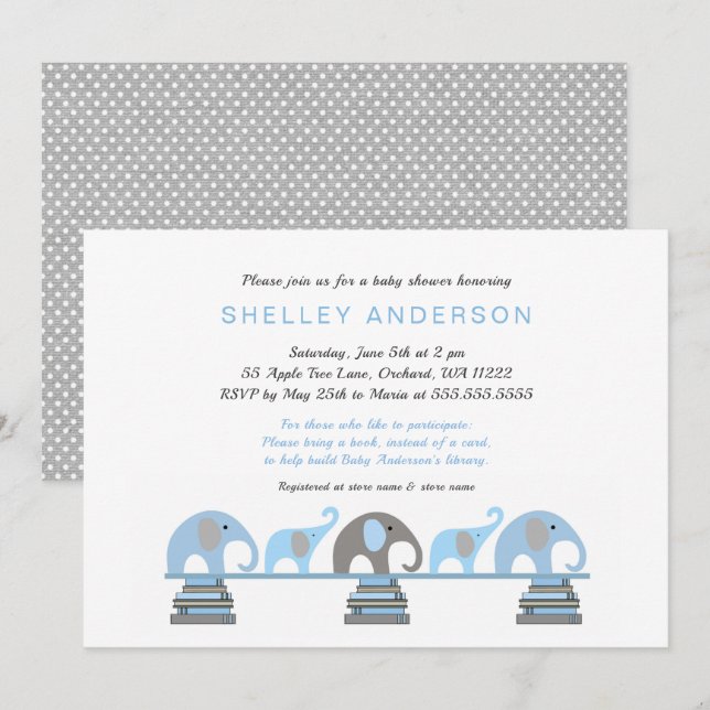 Blue Elephant Baby's First Library Baby Shower Invitation (Front/Back)