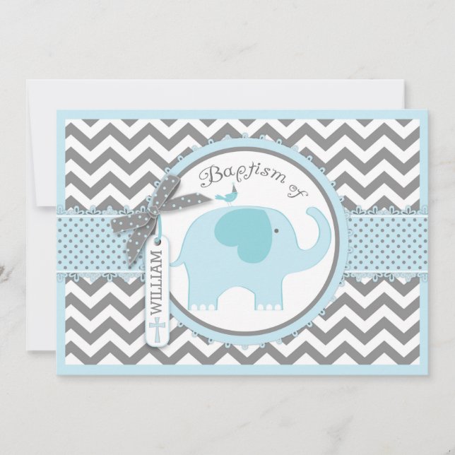 Blue Elephant Bird and Chevron Print Baptism Invitation (Front)