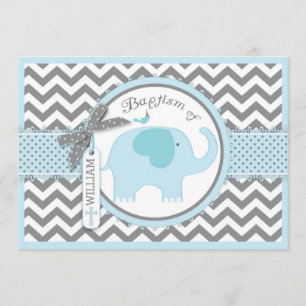 Blue Elephant Bird and Chevron Print Baptism Invitation