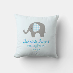 Blue Elephant Birth Stat Boy Baby Nursery Cushion