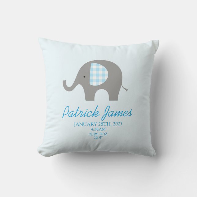 Blue Elephant Birth Stat Boy Baby Nursery Cushion (Front)