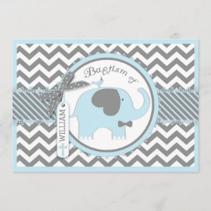 Blue Elephant Bow Tie and Chevron Print Baptism Invitation
