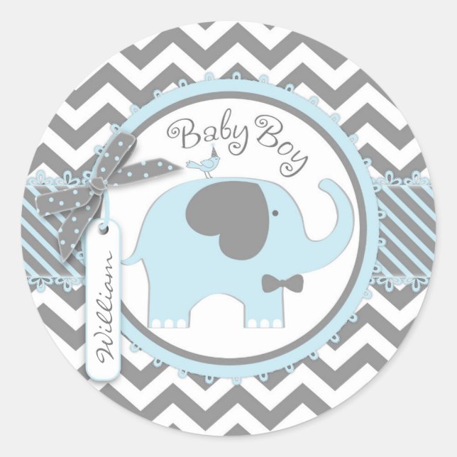 Blue Elephant Bow-tie Chevron Print Baby Shower Classic Round Sticker (Front)