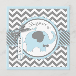 Blue Elephant Bow Tie Chevron Print Baptism Invitation