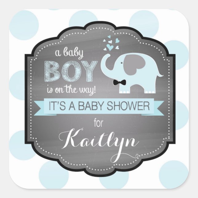 Blue Elephant Bow-tie Dots Baby Shower Square Sticker (Front)