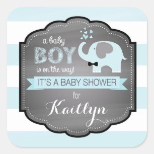 Blue Elephant Bow-tie Stripe Baby Shower Square Sticker