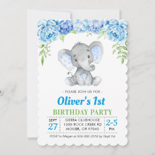 Blue Elephant Boy 1st First 2nd Birthday Party Invitation