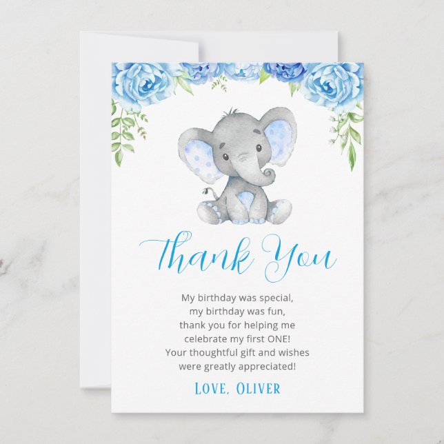 Blue Elephant Boy 1st First Birthday Little Peanut Thank You Card (Front)