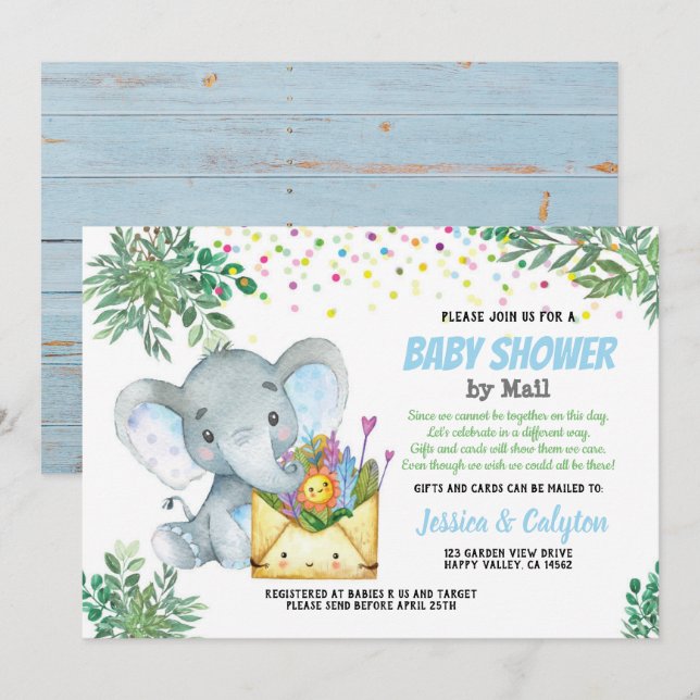 Blue Elephant boy baby shower by mail greenery Invitation (Front/Back)
