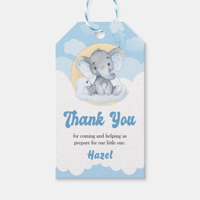 Blue Elephant Boy Baby Shower Favour Gift Tag (Front)