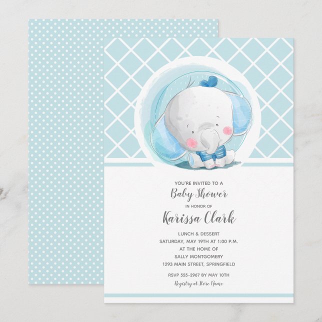 Blue Elephant Boy Baby Shower Invitation (Front/Back)
